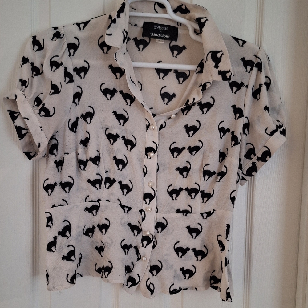Collectif Black Cat Print Blouse